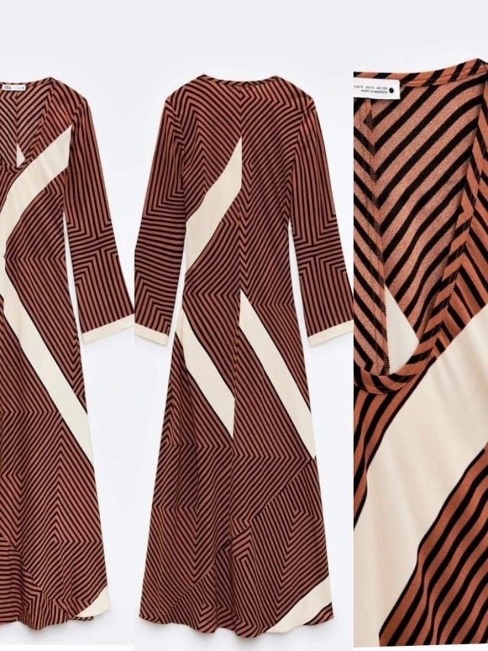Zara Striped Long Dress Geometric Maxi Dress in Brown & Cream